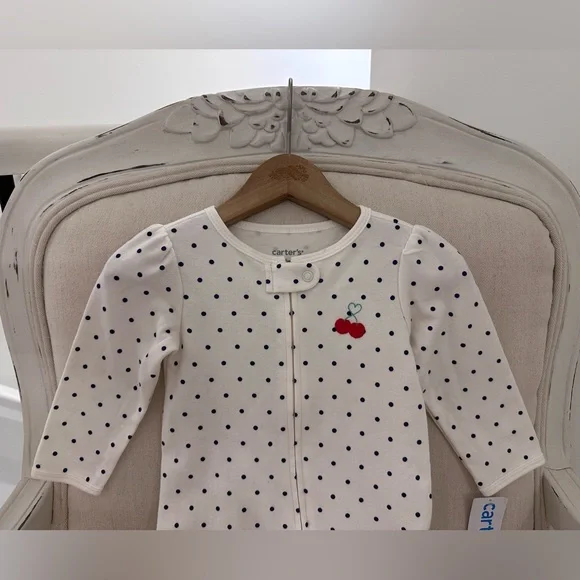 🍒 9 Mth Carter's White with Black Polka Dots and Red Cherry Accent Cotton Footie - Picture 3 of 8